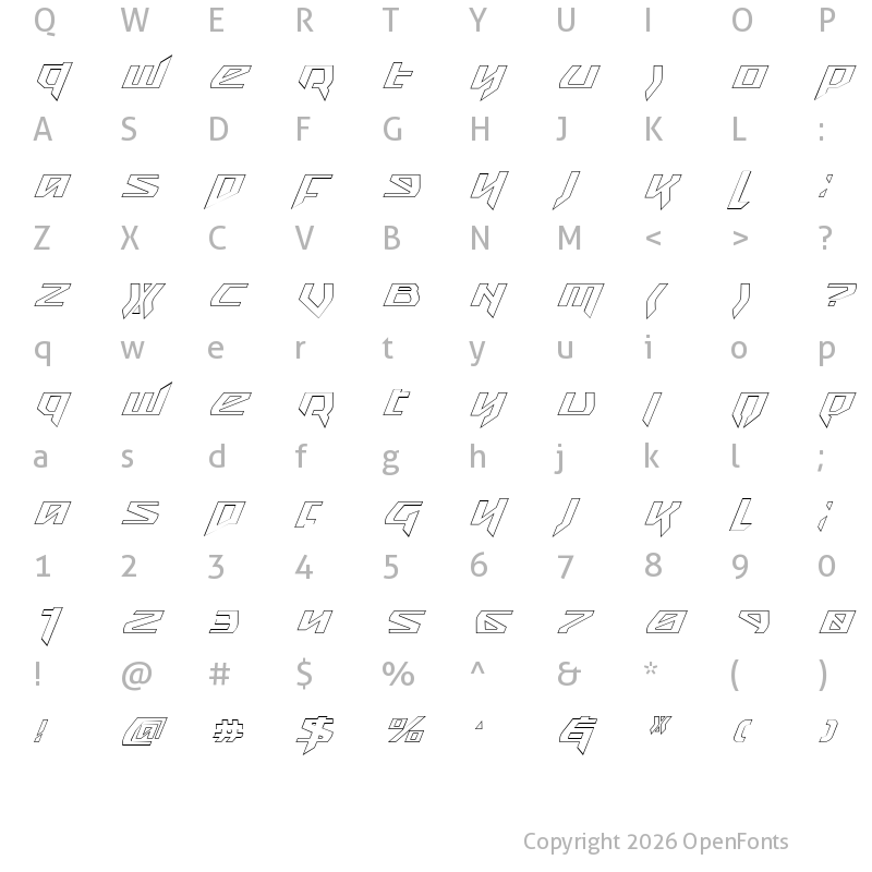 Character Map of Snubfighter Outline Italic Italic