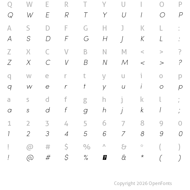 Character Map of Sofia Pro ExtraLight Italic