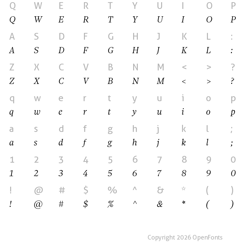 Character Map of Sole Serif Titling Subhead Light Italic