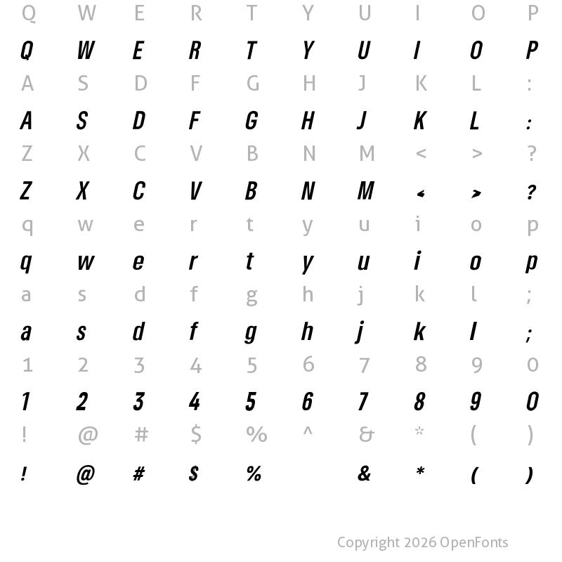 Character Map of Somar Sans Bold Condensed Italic