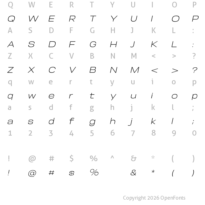 Character Map of Somar Sans Light Expanded Italic