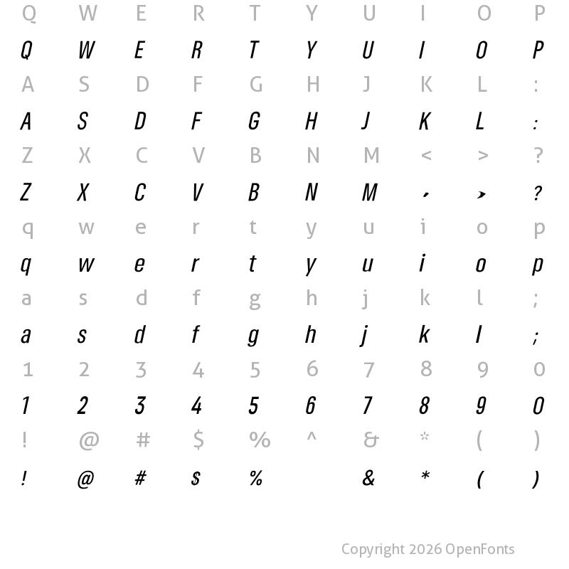 Character Map of Somar Sans Medium Condensed Italic