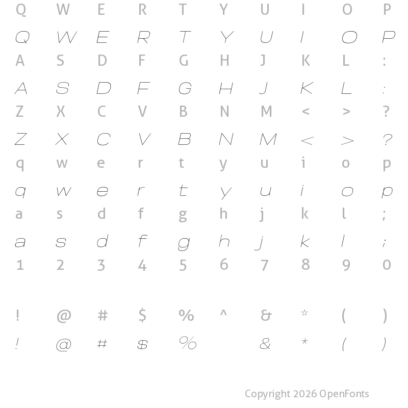 Character Map of Somar Sans Thin Expanded Italic