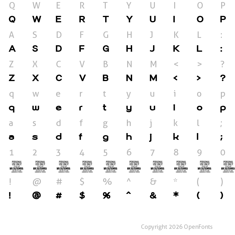 Character Map of Sonika PERSONAL USE Black