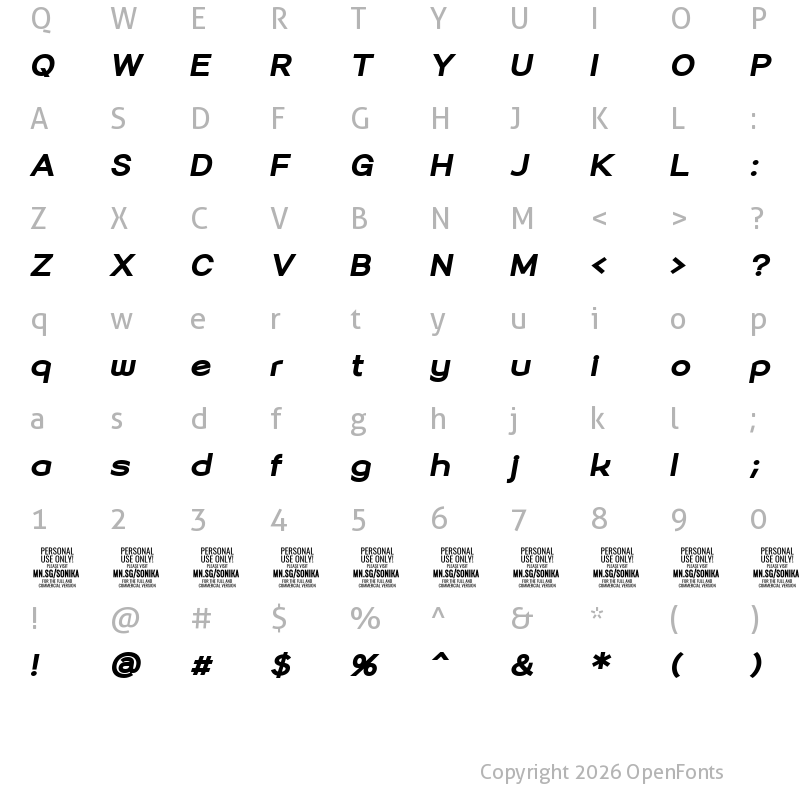 Character Map of Sonika PERSONAL USE Black Italic