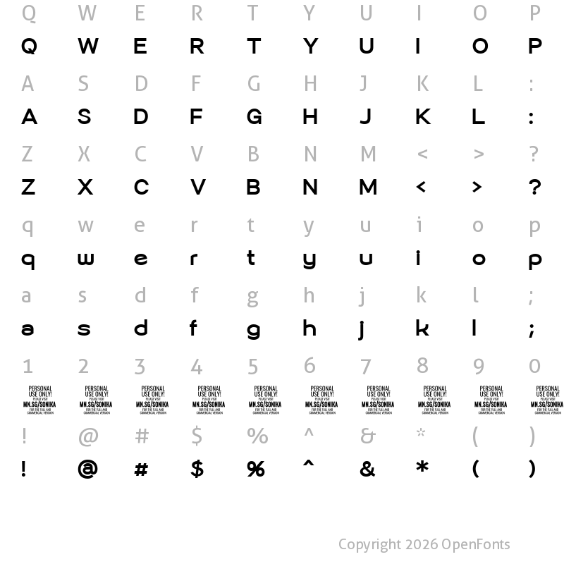 Character Map of Sonika PERSONAL USE Bold