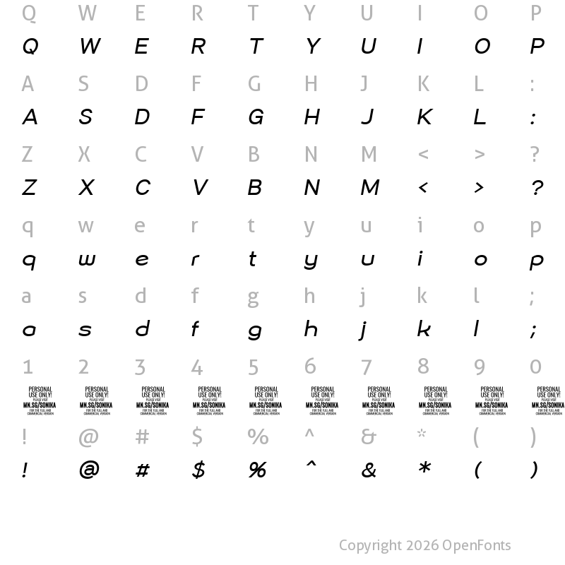 Character Map of Sonika PERSONAL USE Regular Italic