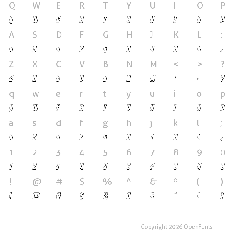 Character Map of Special Agent 3D Italic Regular