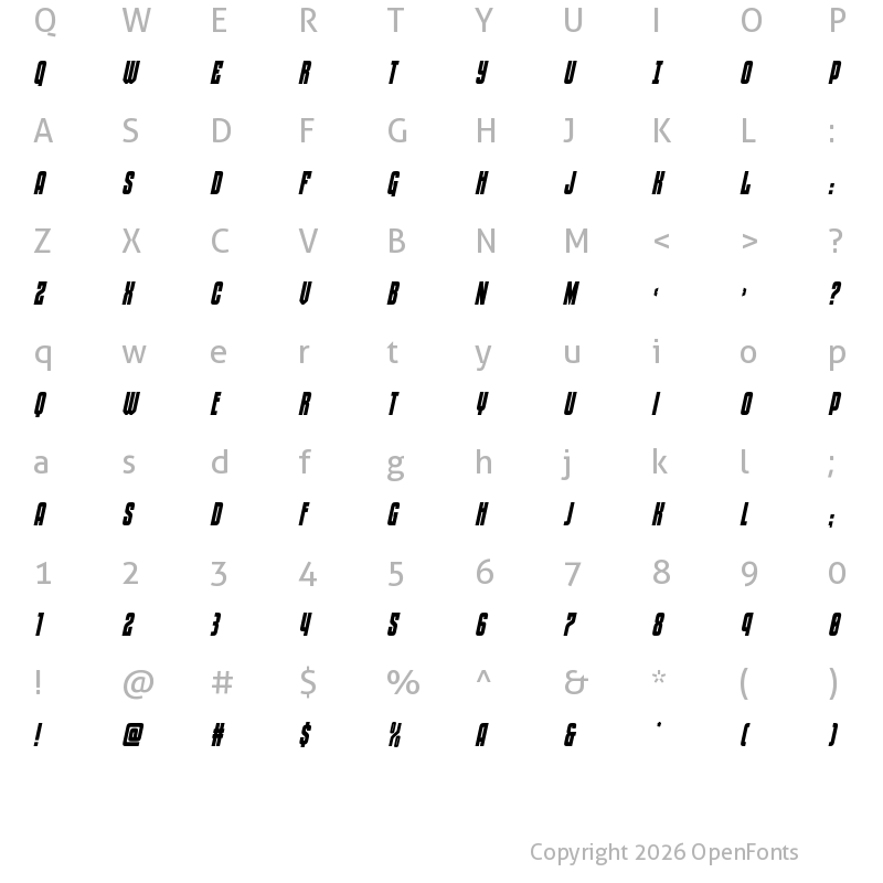 Character Map of Special Agent Condensed Italic Regular