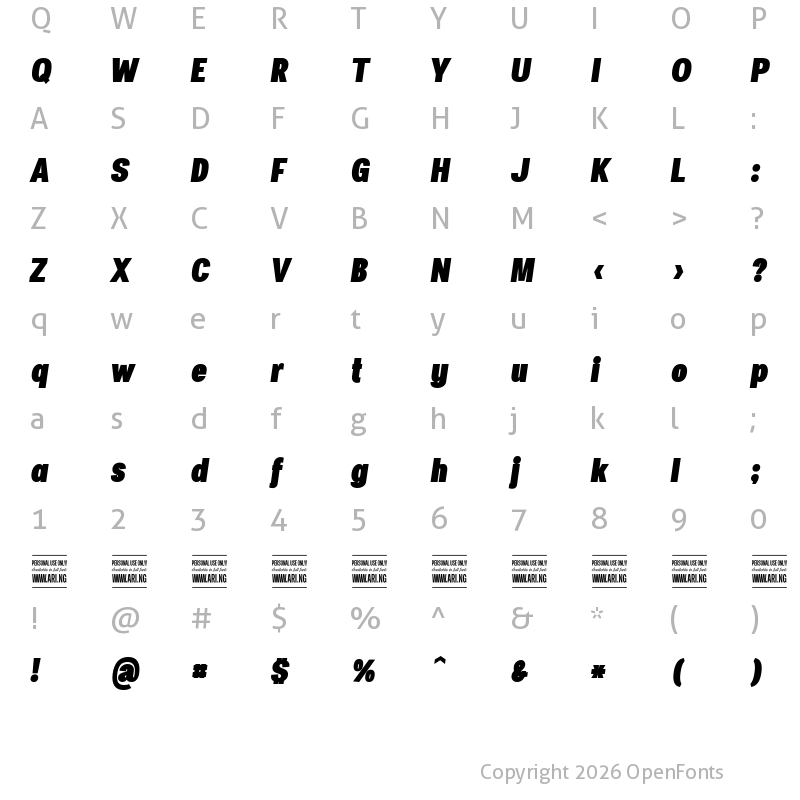 Character Map of Specify PERSONAL Condensed Black Italic