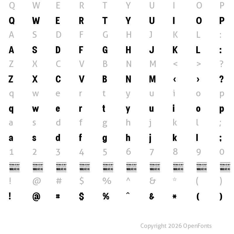 Character Map of Specify PERSONAL Condensed Bold