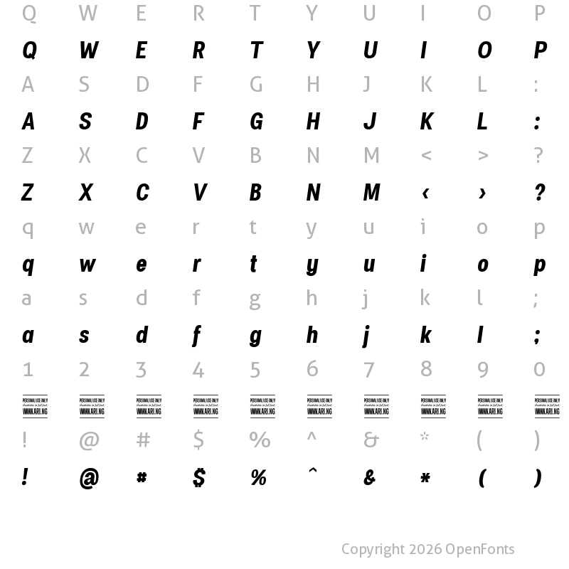 Character Map of Specify PERSONAL Condensed Bold Italic