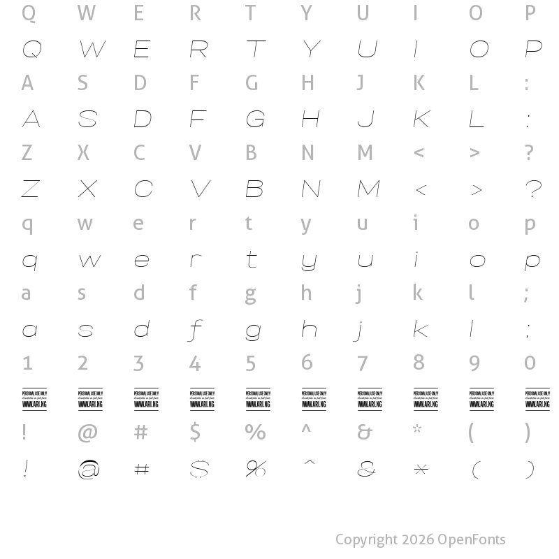 Character Map of Specify PERSONAL Expanded Thin Italic