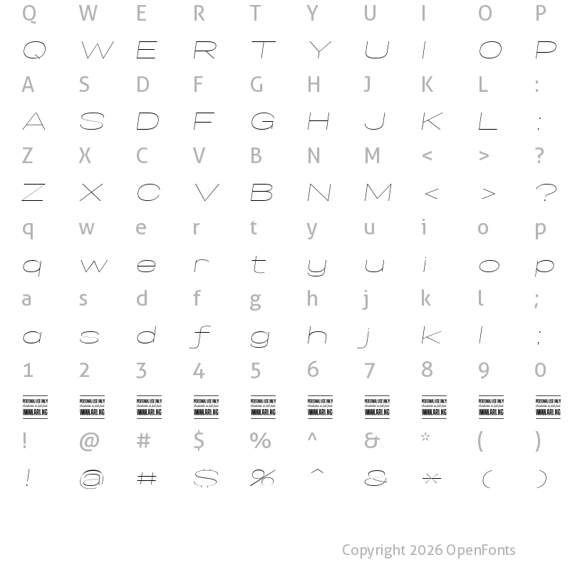 Character Map of Specify PERSONAL Extraexpanded Thin Italic