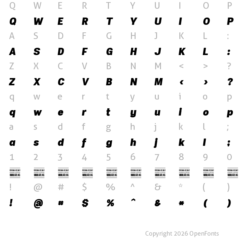 Character Map of Specify PERSONAL Normal Black Italic
