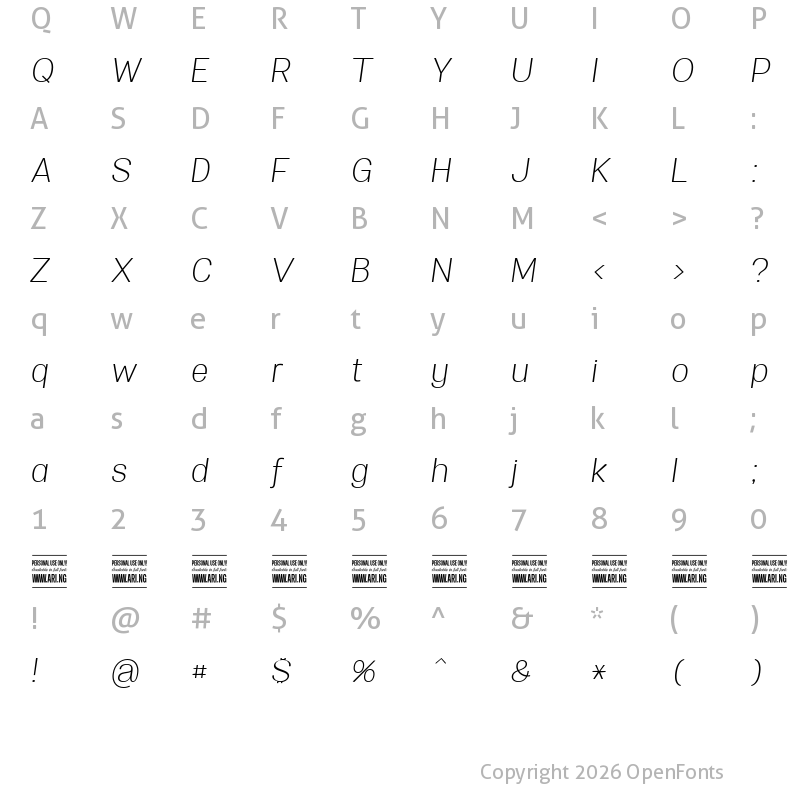 Character Map of Specify PERSONAL Normal Light Italic
