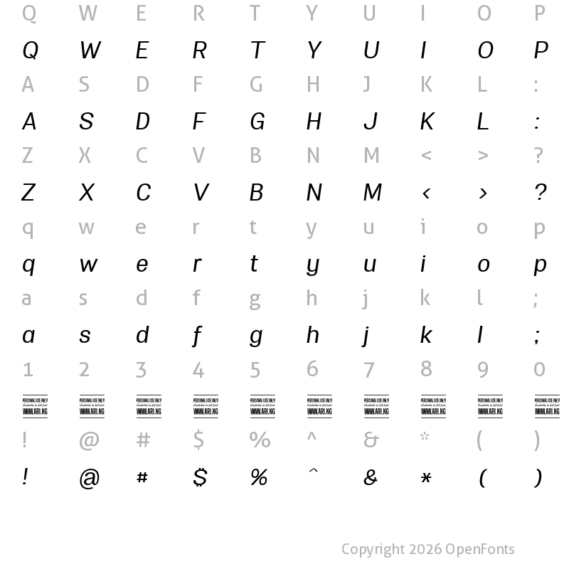Character Map of Specify PERSONAL Normal Medium Italic