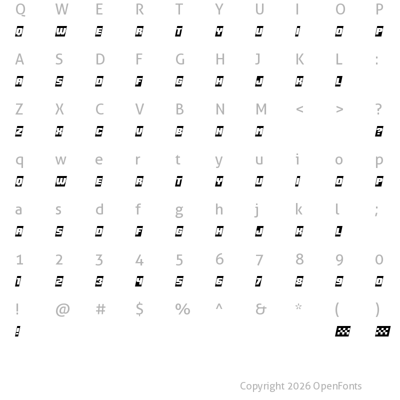 Character Map of Speed Racing Negative Italic