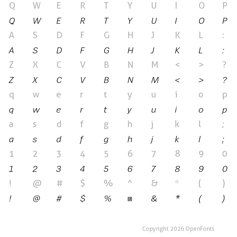 Character Map of SpiegelSans Trial SemiLight Italic