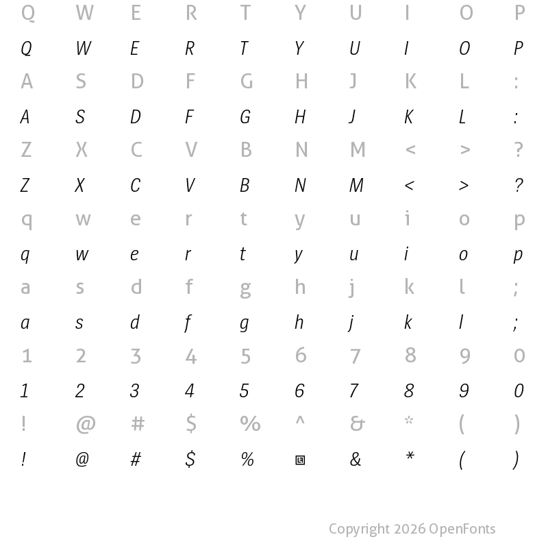 Character Map of SpiegelSansCd Trial SemiLight Italic