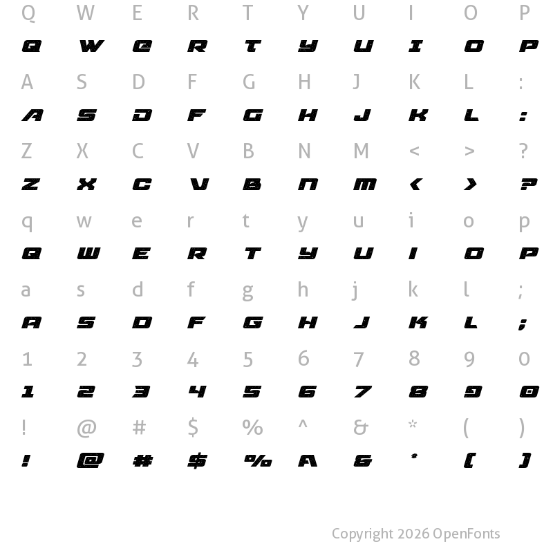 Character Map of Starcruiser Expanded Italic Expanded Italic