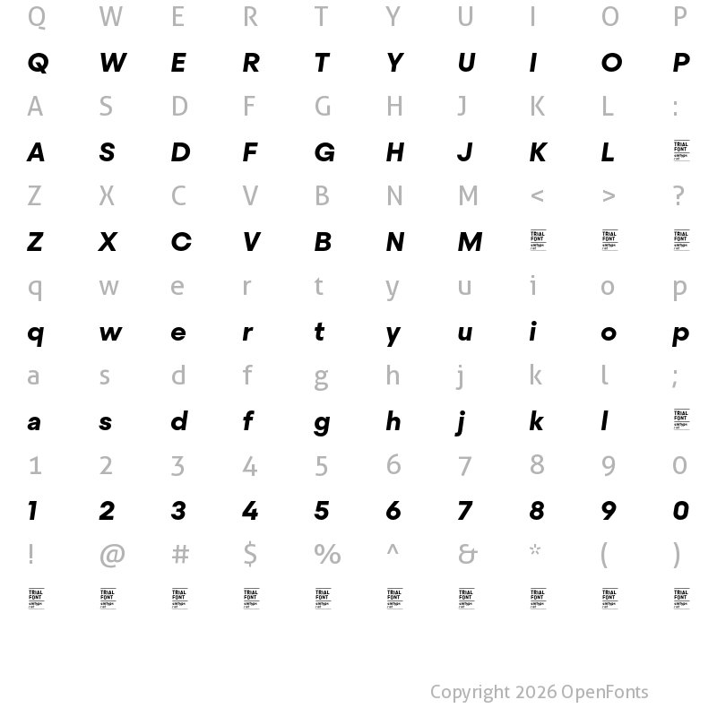 Character Map of Steradian TRIAL Bold Italic