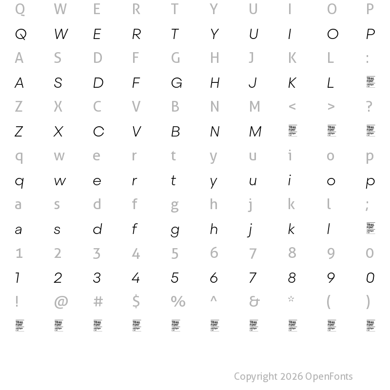 Character Map of Steradian TRIAL ExtraLight Italic