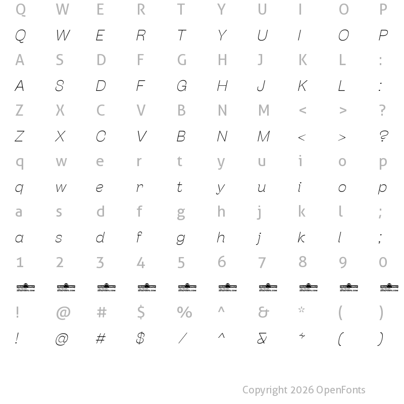 Character Map of Stinger Fit Trial Thin Italic