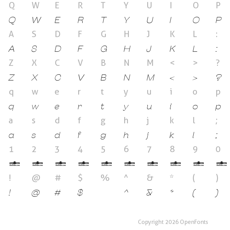 Character Map of Stinger Wide Trial Thin Italic