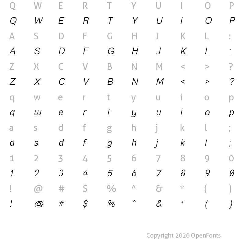 Character Map of Street  Light Italic Regular