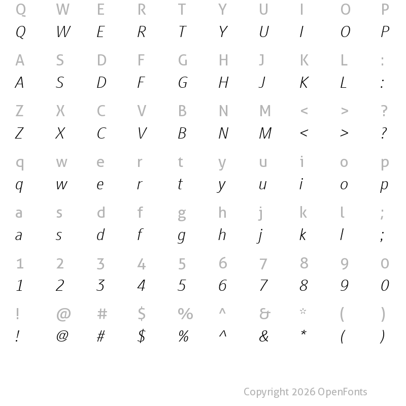 Character Map of Stroudley Trial Light Italic