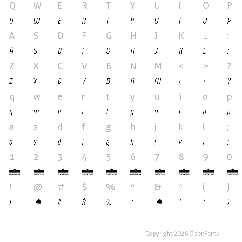 Character Map of Sugo Pro Display Trial ExtraLight Italic