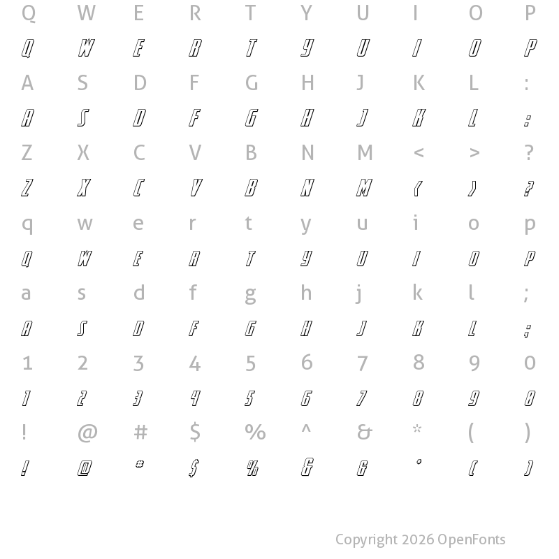 Character Map of SurfQuest 3D Semi-Italic Regular