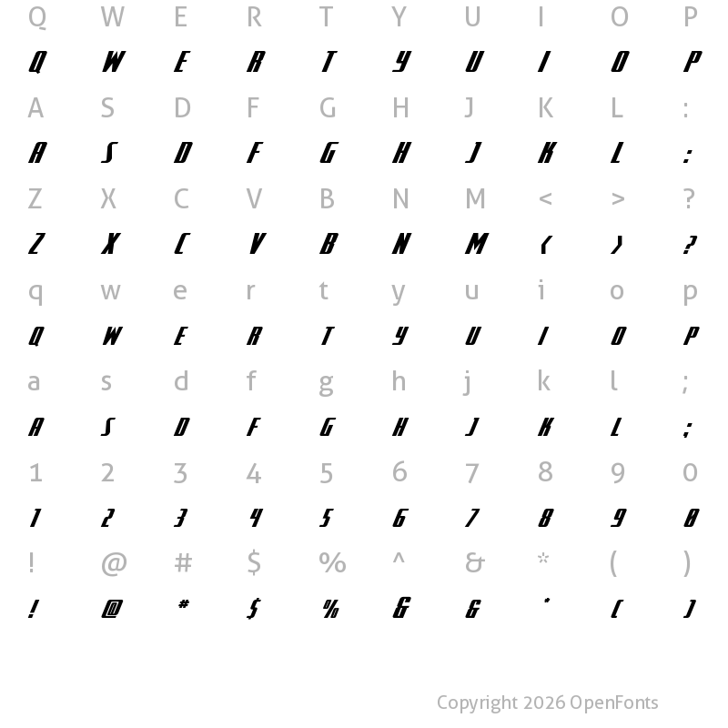 Character Map of SurfQuest Expanded Italic Regular