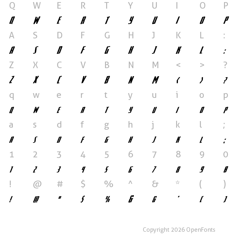 Character Map of SurfQuest Wavy Italic Regular