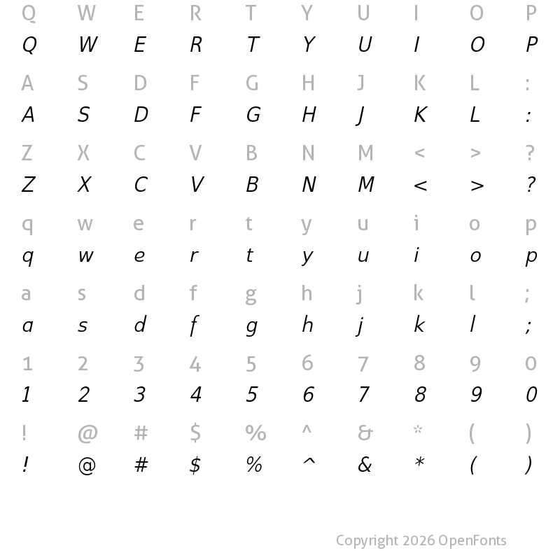 Character Map of Switzera ADF Light Italic