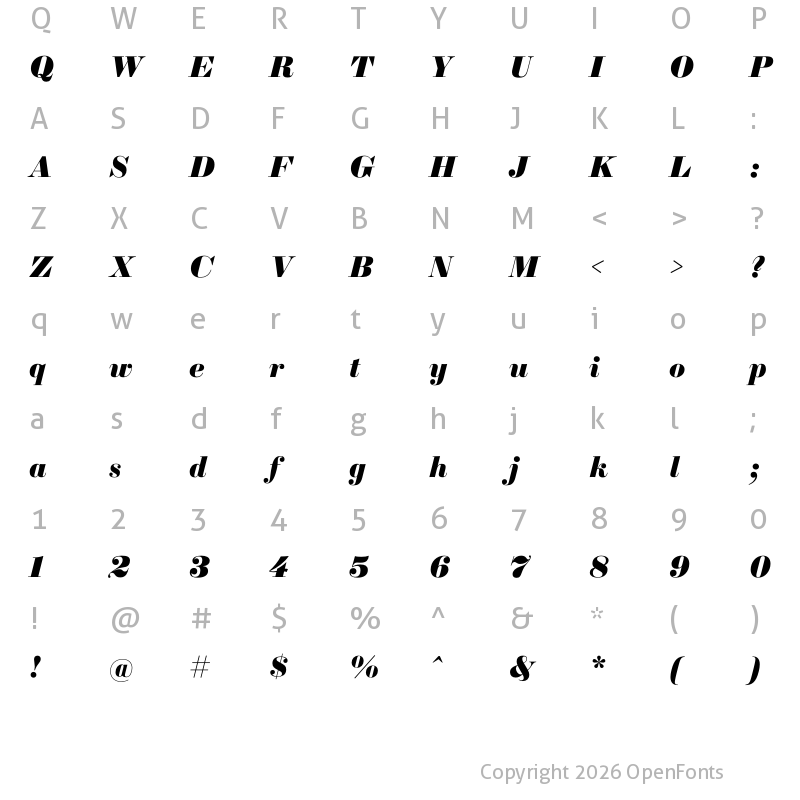 Character Map of Sybarite Large Italic