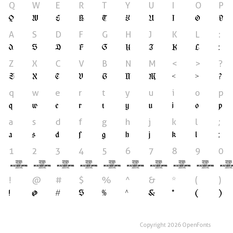 Character Map of Tabor Sinfonia PERSONAL USE Regular
