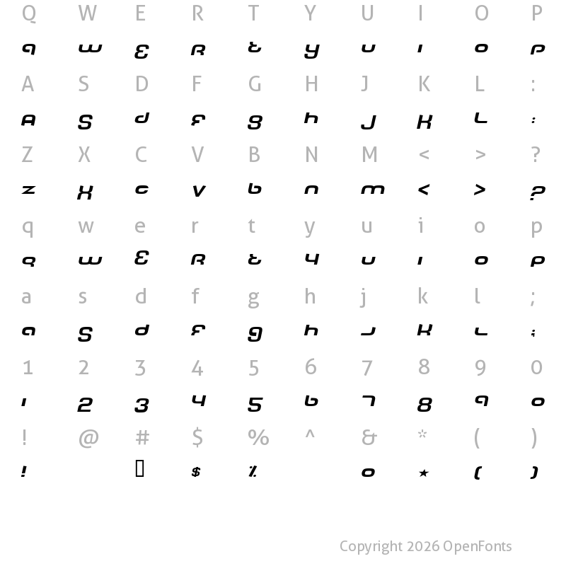 Character Map of Tech Font Wide Italic