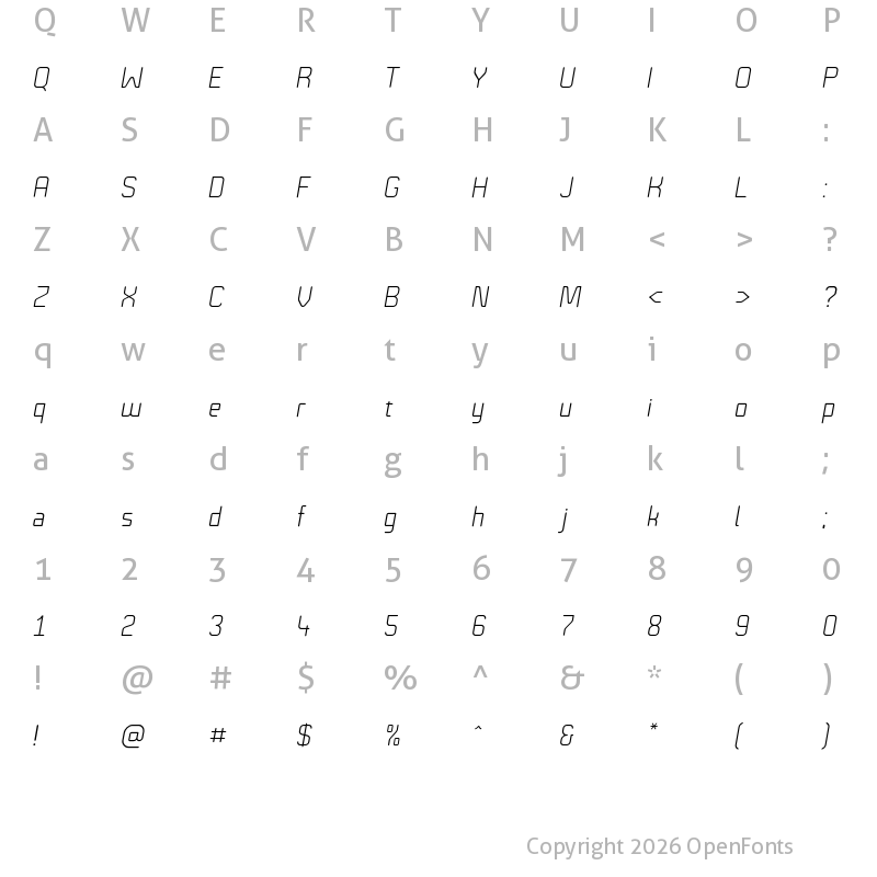 Character Map of Technical Rounded VP Thin Oblique
