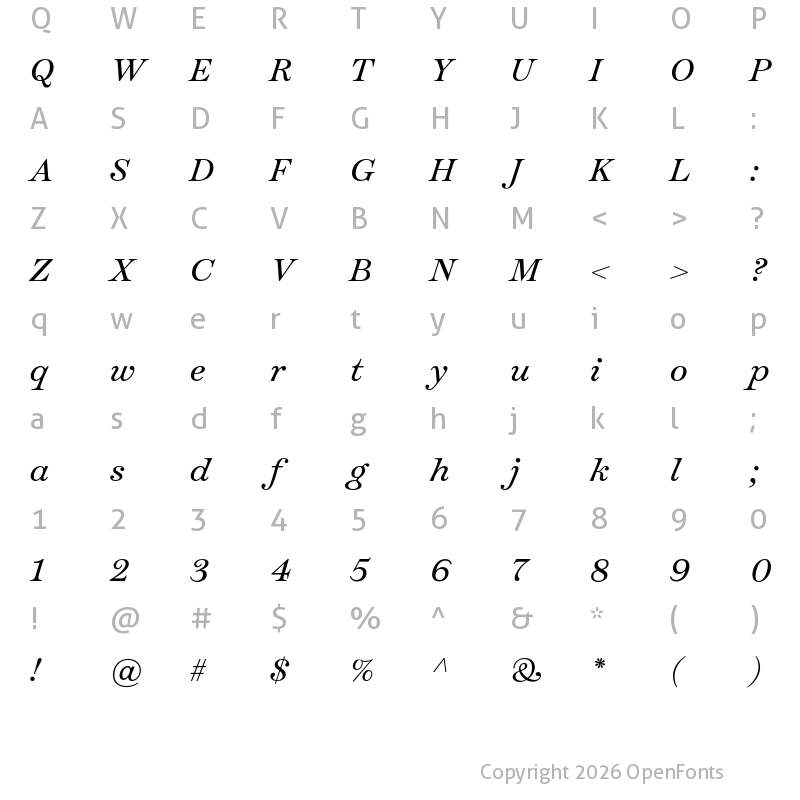 Character Map of Temeraire Italic
