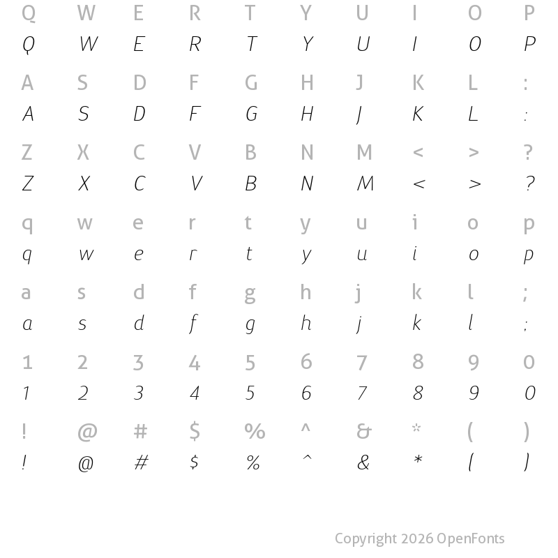 Character Map of Terra Sans Light Italic