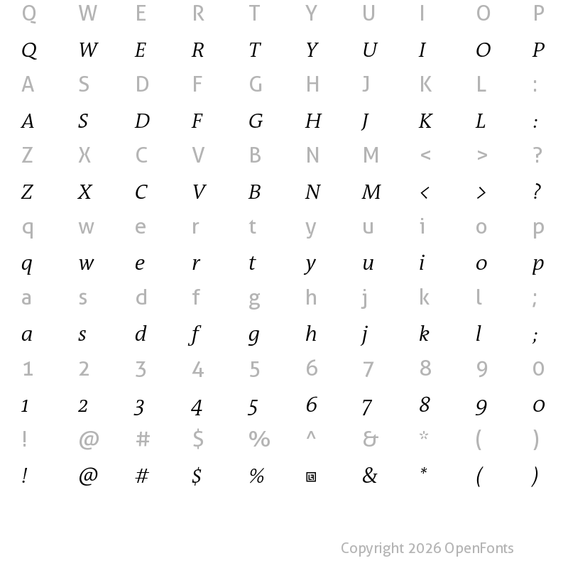 Character Map of TheAntiquaB Trial W4 SemiLight Italic