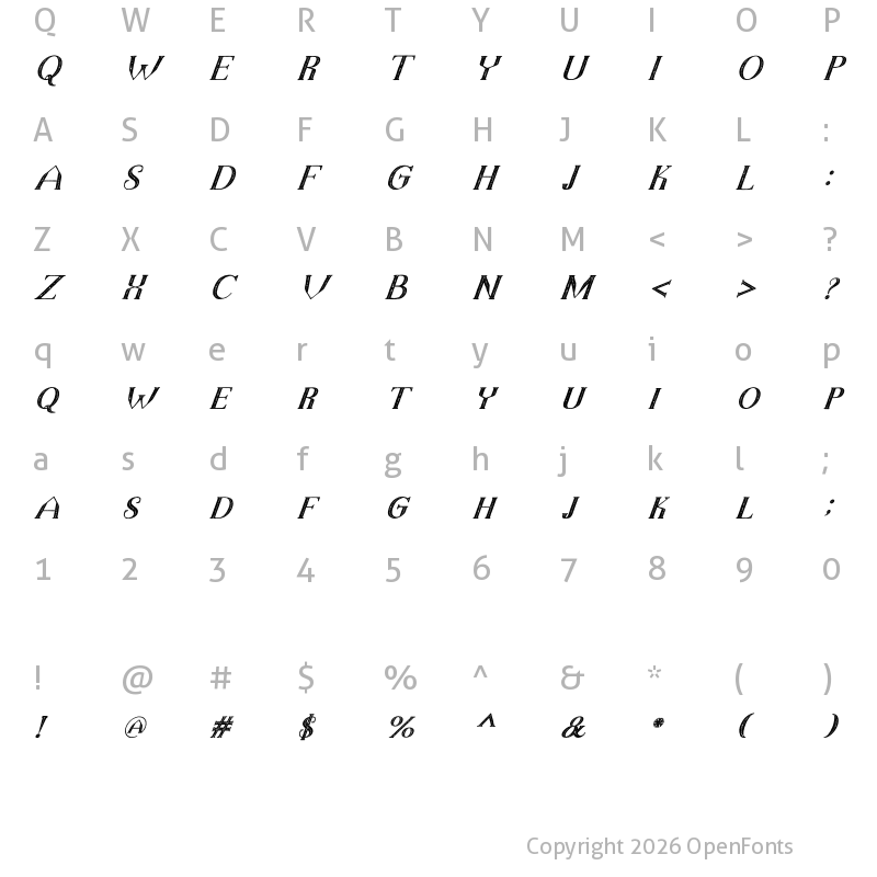 Character Map of TheDarkTitanVintageItalic TheDarkTitanVintageItalic