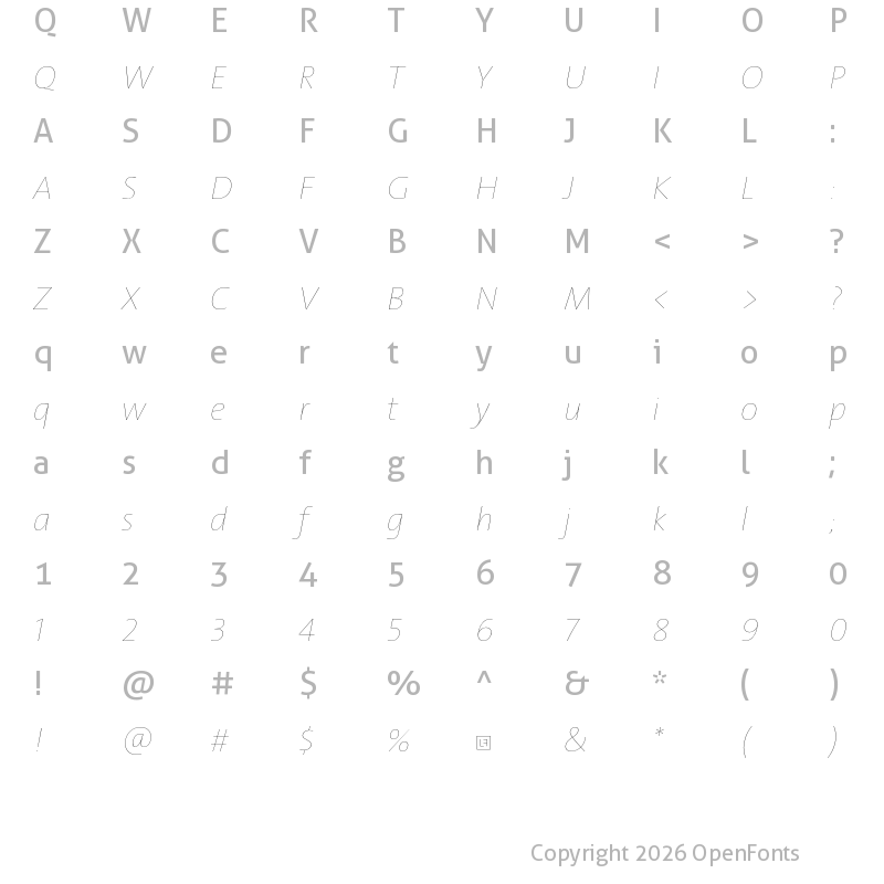 Character Map of TheSans Hair Trial H10 Italic