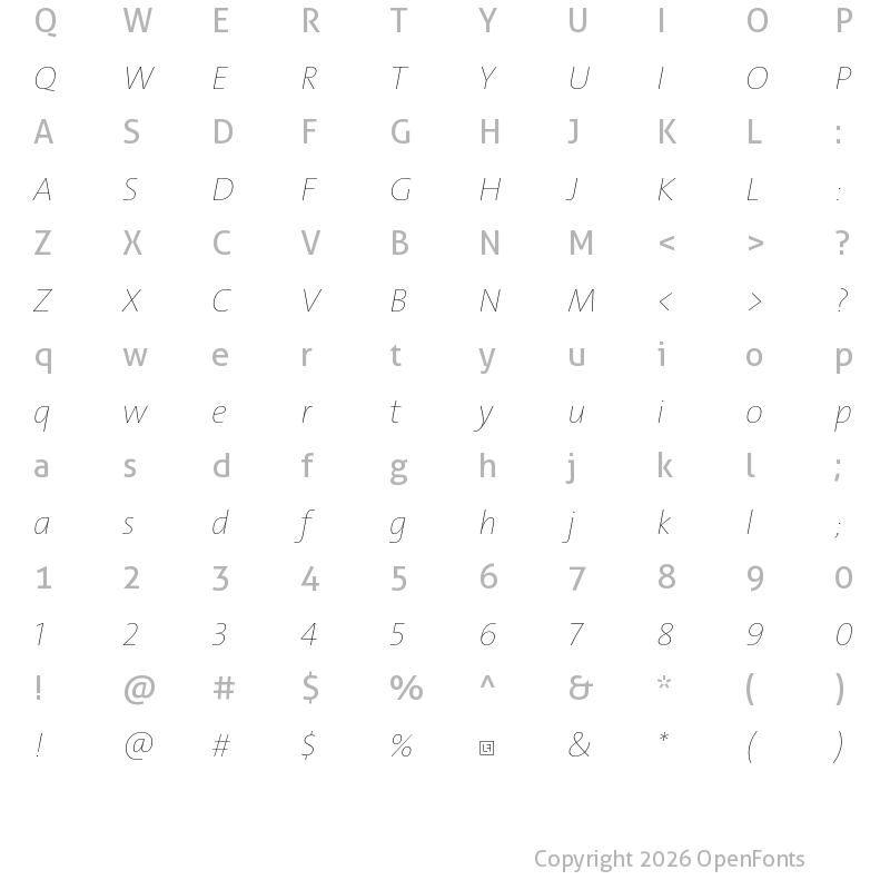 Character Map of TheSans Hair Trial H20 Italic
