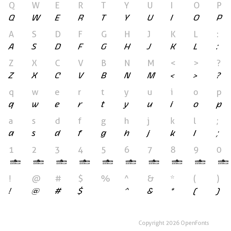 Character Map of Thicker Trial Regular Italic