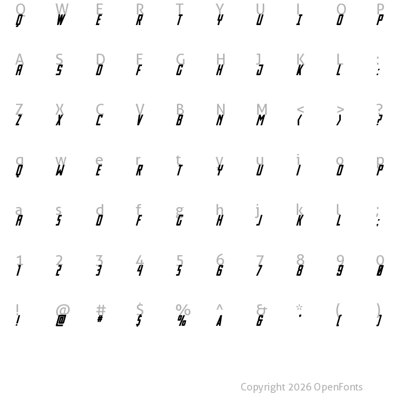 Character Map of Thunder Nova Bold Italic Regular