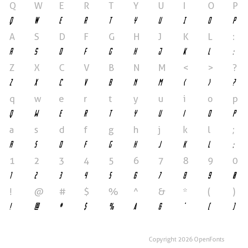 Character Map of Thunder Nova Condensed Italic Regular