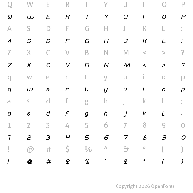 Character Map of Times New Romance Italic